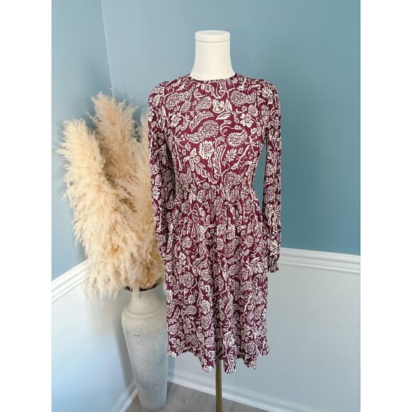 NWT Zara Girls Long Sleeve Paisley Pleated Midi Dress Size 13/14 Burgundy - Picture 1 of 7